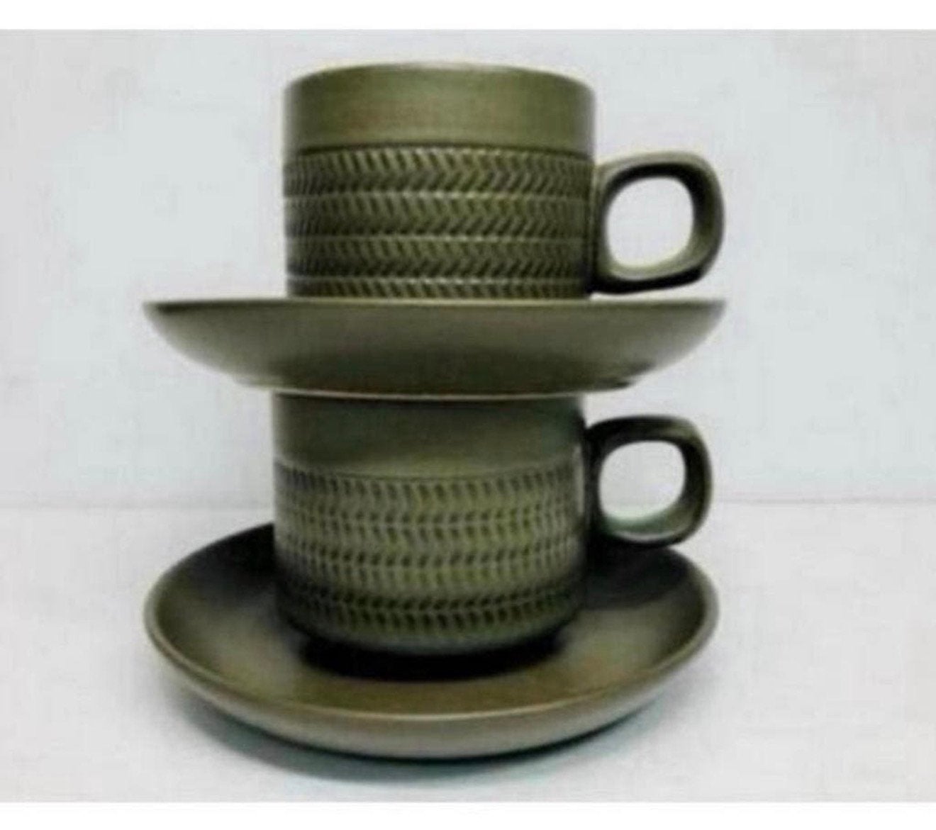 Vintage Denby Camelot Chevron 1961 2x kop en schotel servies, Antiek en Kunst, Ophalen of Verzenden