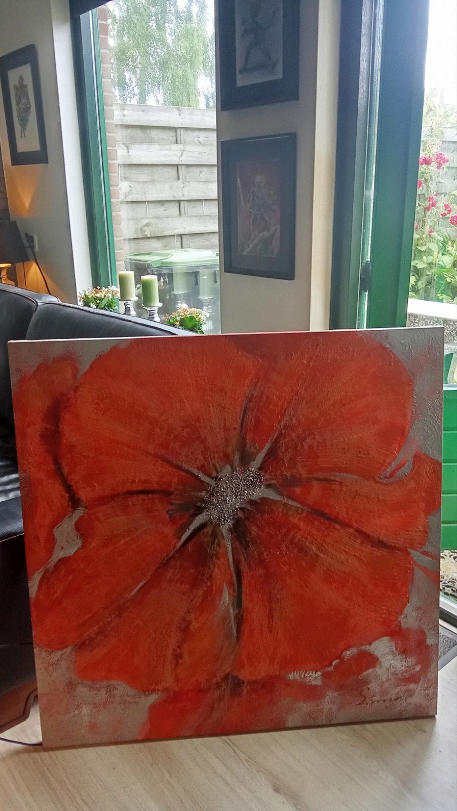 Groot schilderij rode bloem 100x100 cm, Antiek en Kunst, Kunst | Schilderijen | Modern, Ophalen
