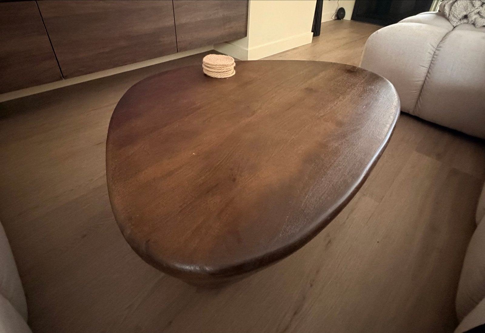 Stijlvolle houten salontafel - organische vorm, Gebruikt, 100 tot 150 cm, Overige vormen, 5 – 50