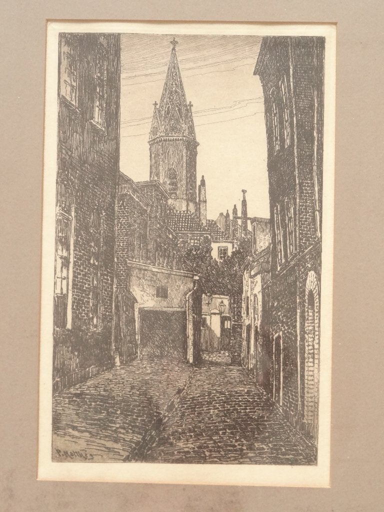 ets Jacobuskerk uit een steeg Den Haag, P. Matthes rond 1930, Antiek en Kunst, Ets, Architectuur, Ophalen of Verzenden, Origineel