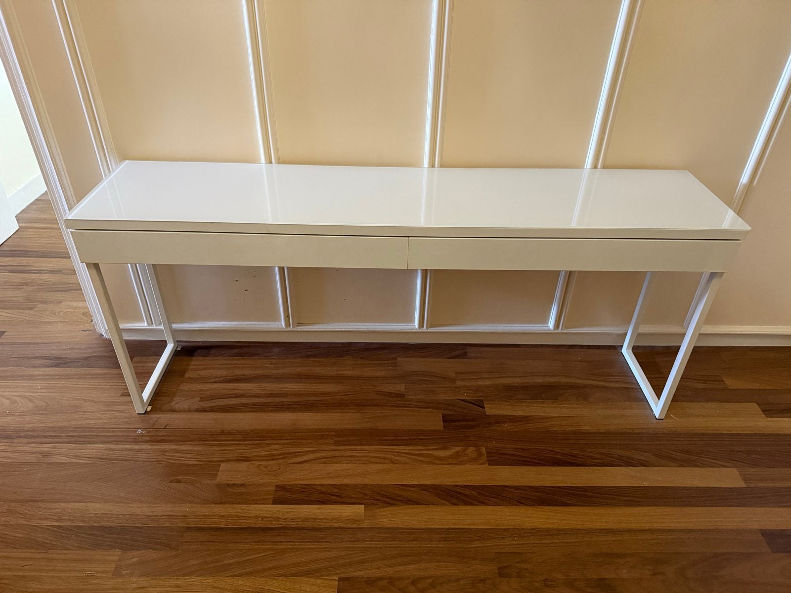 Moderne witte console tafel met 2 laden - 180x40x75 cm, Ophalen, Overige materialen, Gebruikt, 75 cm of meer