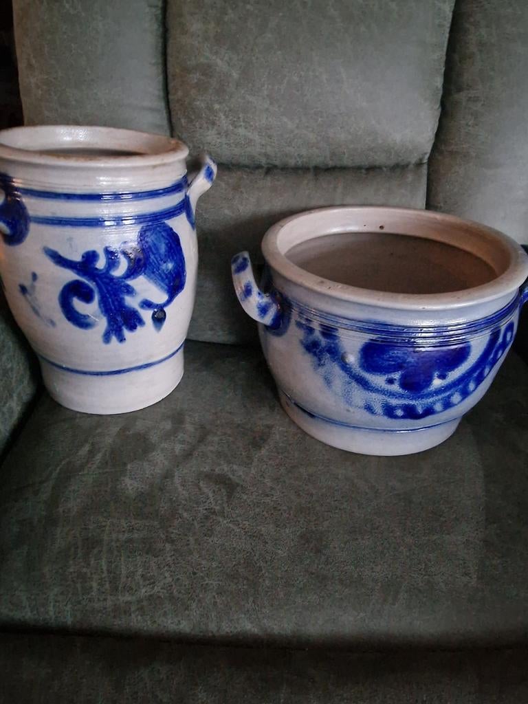 Set van 2 antieke aardewerken potten met blauw decor, Ophalen of Verzenden