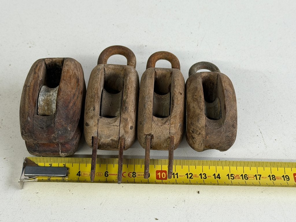 4 x Houten blokken met bronzen schijven, Ophalen of Verzenden, Gebruikt, Lijn of Blok