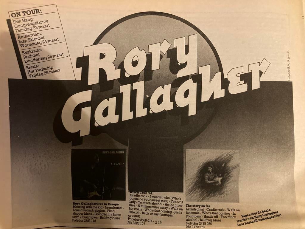Paginagrote A4 advertentie RORY GALLAGHER tour Edenhal 1976, Ophalen of Verzenden, Gebruikt, Blues