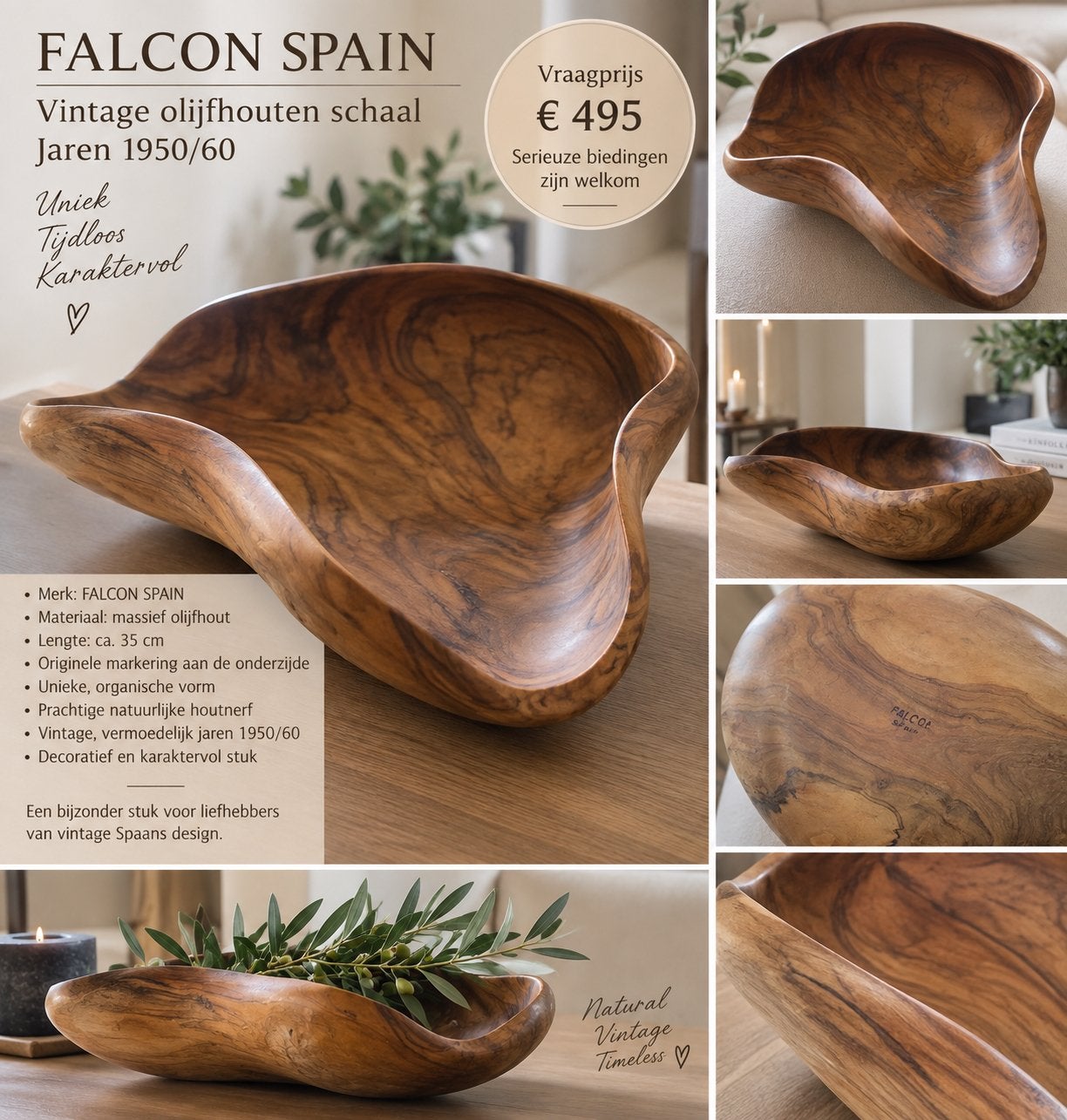 Vintage FALCON SPAIN olijfhouten schaal - 35 cm - jaren 50/6, Ophalen of Verzenden