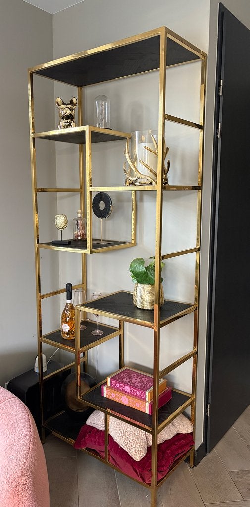 Wandkast zwart eikenhout met goud - Richmond Interiors, Ophalen, Met plank(en), Gebruikt, 200 cm of meer