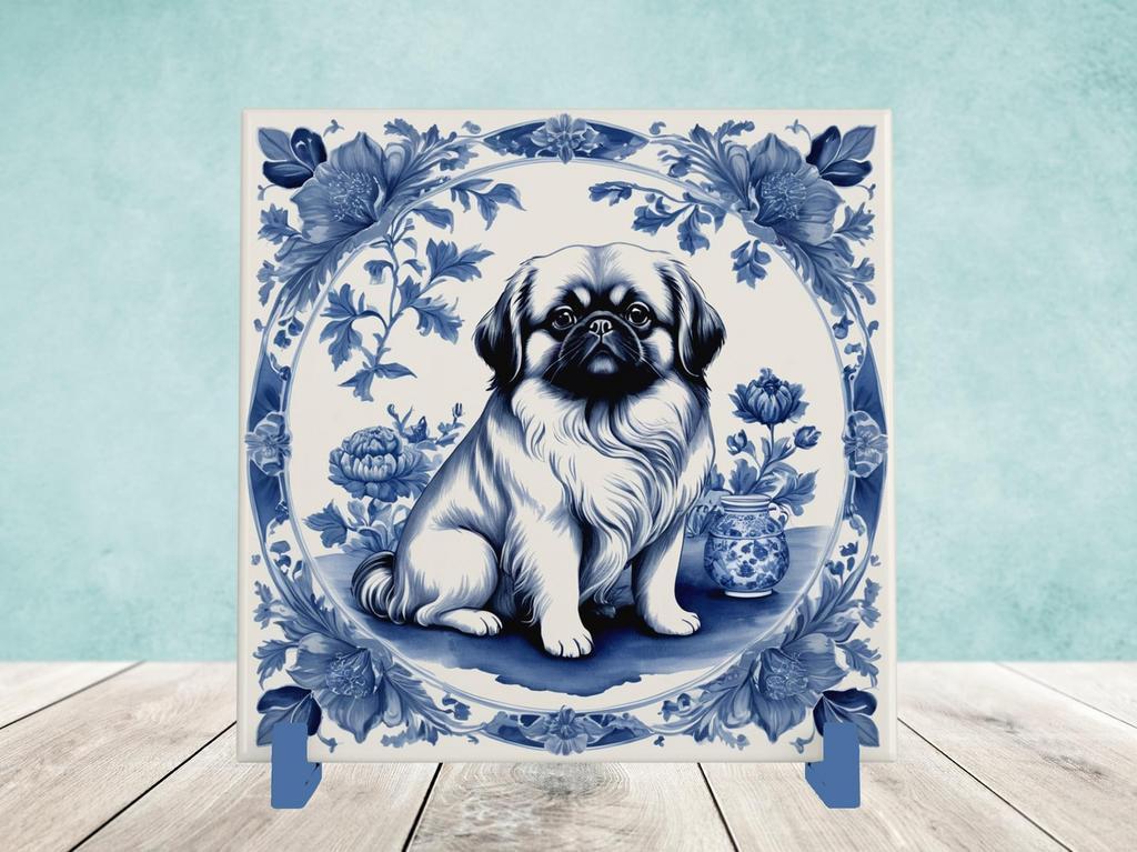 Pekinees Delfts Blauwe tegel incl houder, Ophalen of Verzenden, Nieuw