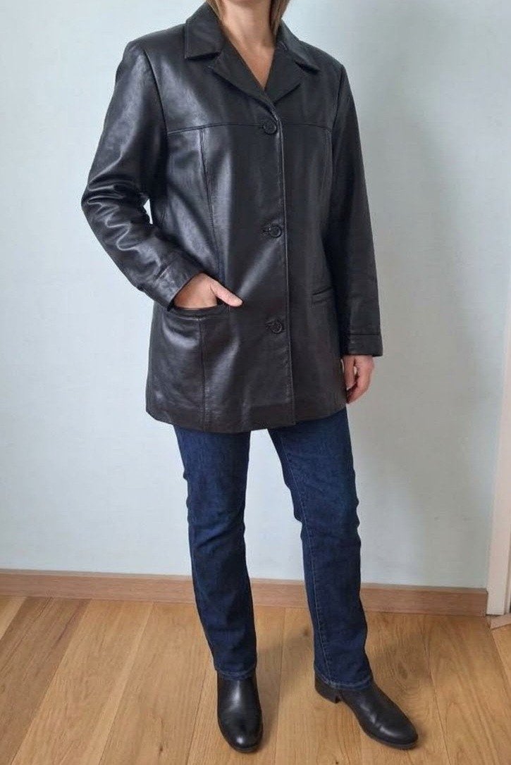Leuk zwart oversized leren vintave jas maat L, Zwart, Maat 42/44 (L), Ophalen of Verzenden, Zo goed als nieuw