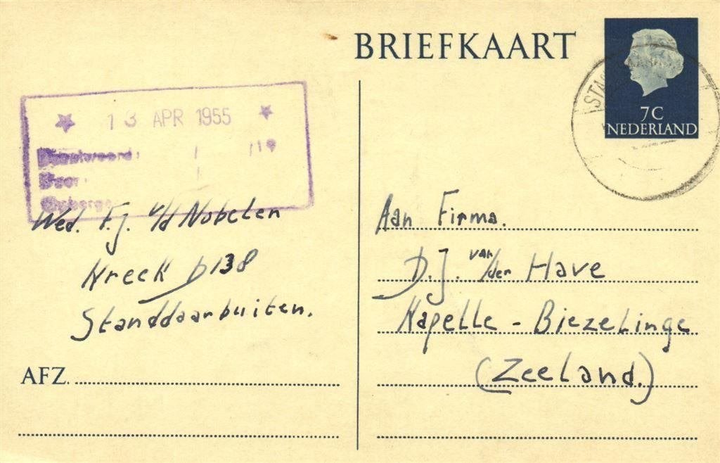 Wed. F.J. v/d Nobelen, Standdaarbuiten - 04.1955 - briefkaar, Ophalen of Verzenden, Briefkaart