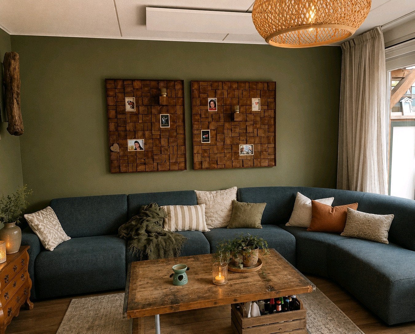Unieke houten wanddecoratie met fotolijstjes - 2 stuks, Ophalen, Hout, Zo goed als nieuw, Bruin