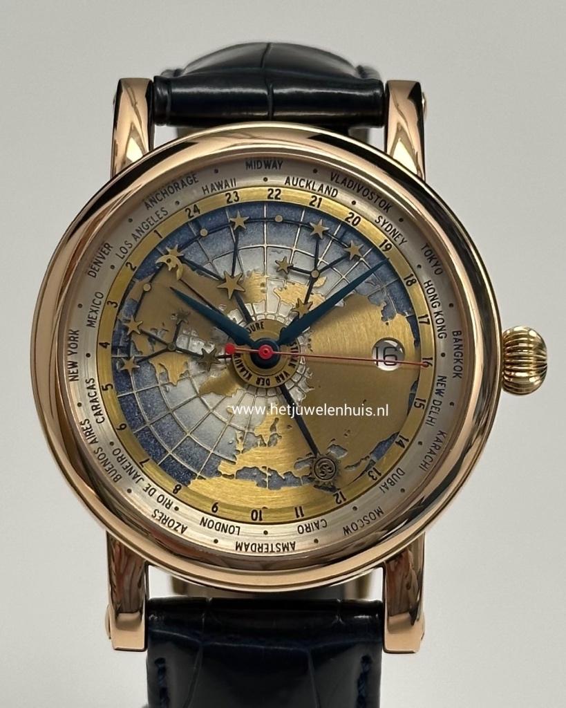 Christiaan van der Klaauw Mondial 18kt. rosegoud en fullset, Leer, Polshorloge, Zo goed als nieuw, Goud