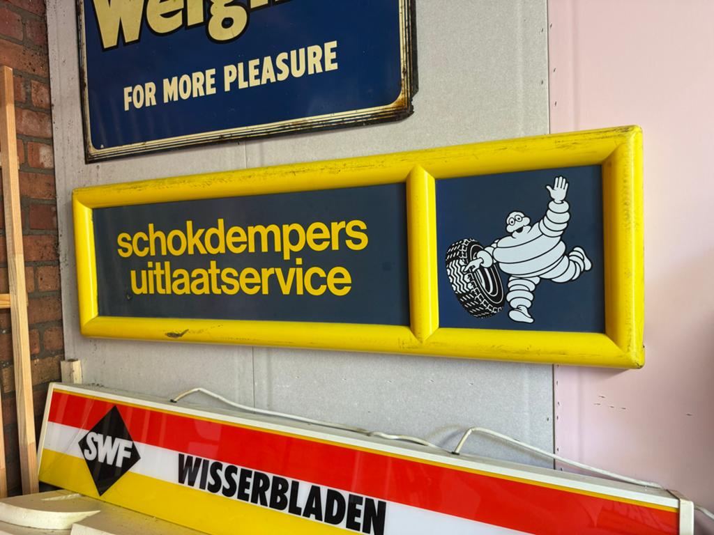 Vintage Michelin Reclamebord - Schokdempers Uitlaatservice, Verzamelen, Ophalen, Reclamebord, Gebruikt, .