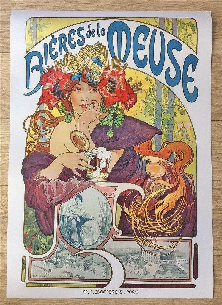 Grote ALPHONSE MUCHA Bieres de la Meuse Bier Poster, Verzenden, Nieuw, Reclamebord, Plaat of Schild, Overige merken