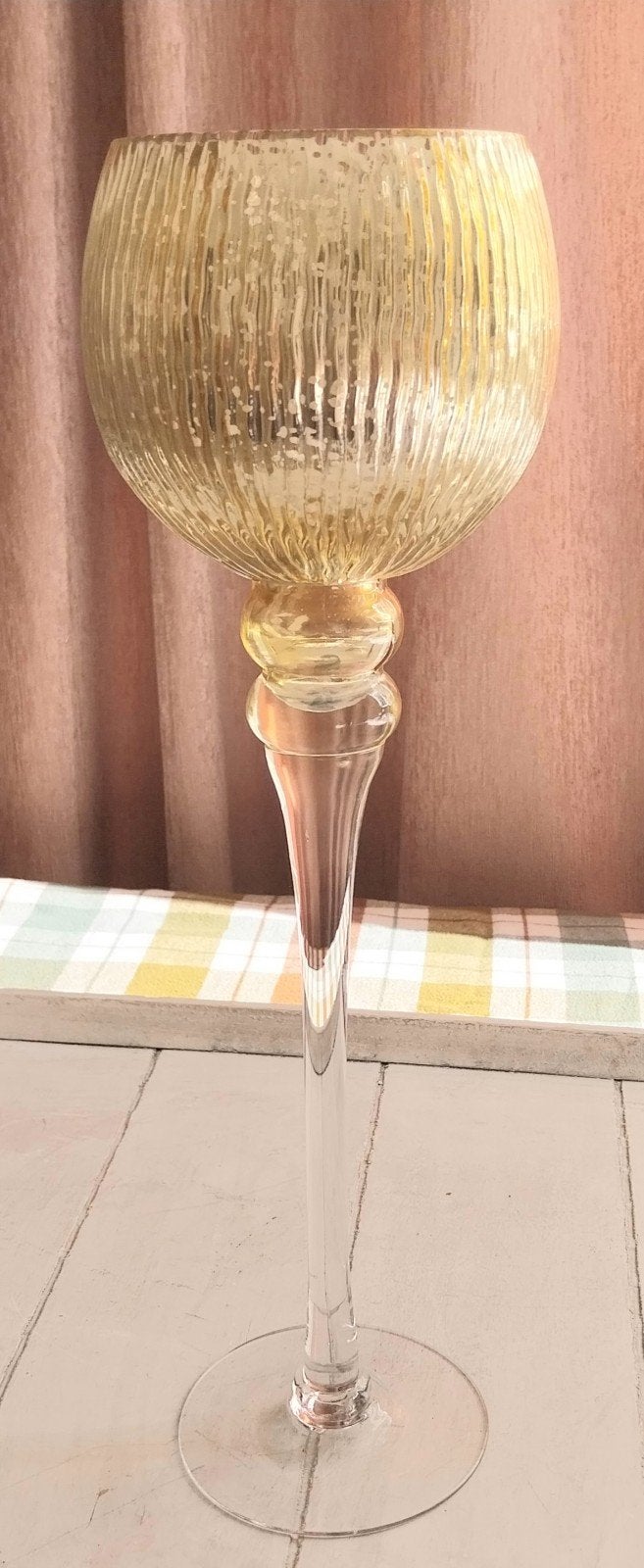 Goudkleurige glazen kandelaar, Ophalen of Verzenden, Kandelaar, Goud, 42 cm