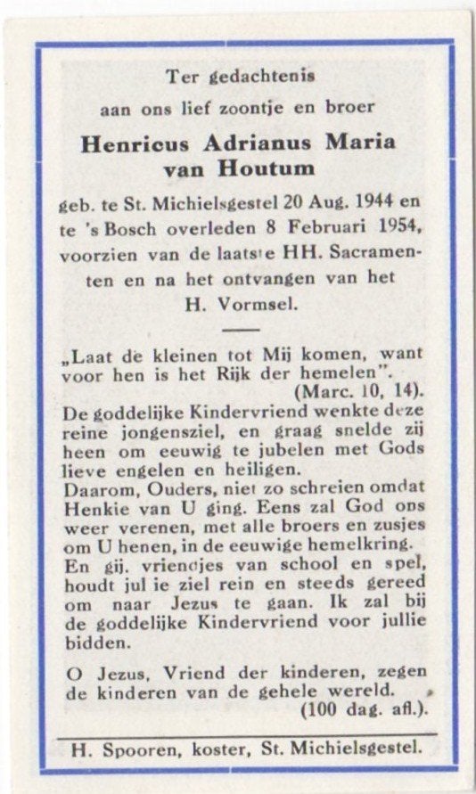 Henricus van Houtum 1944 St. Michielsgestel + 1954 Den Bosch, Verzenden
