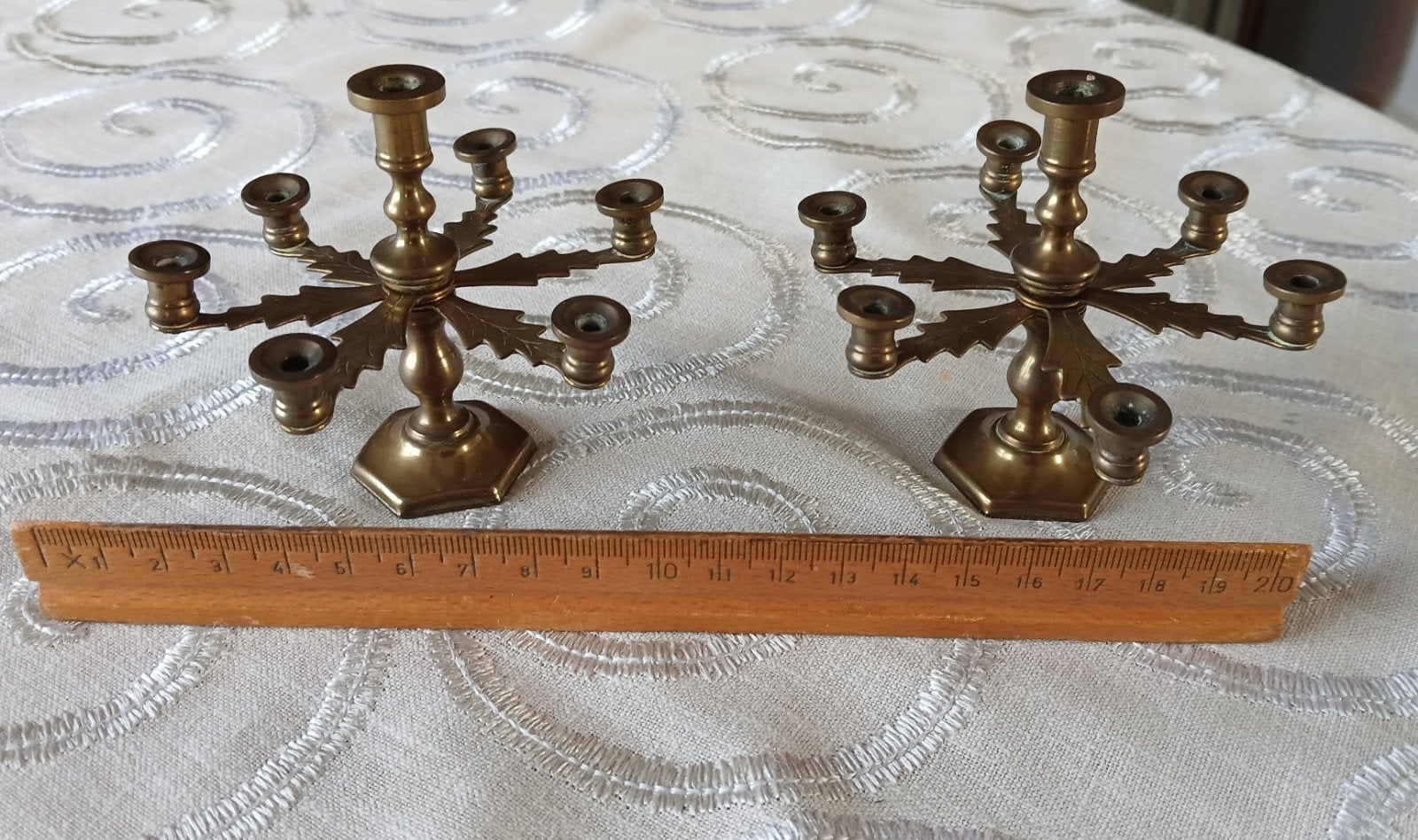 2 bijzondere kleine koperen 7 armige kandelaartjes., Ophalen of Verzenden, Koper of Brons