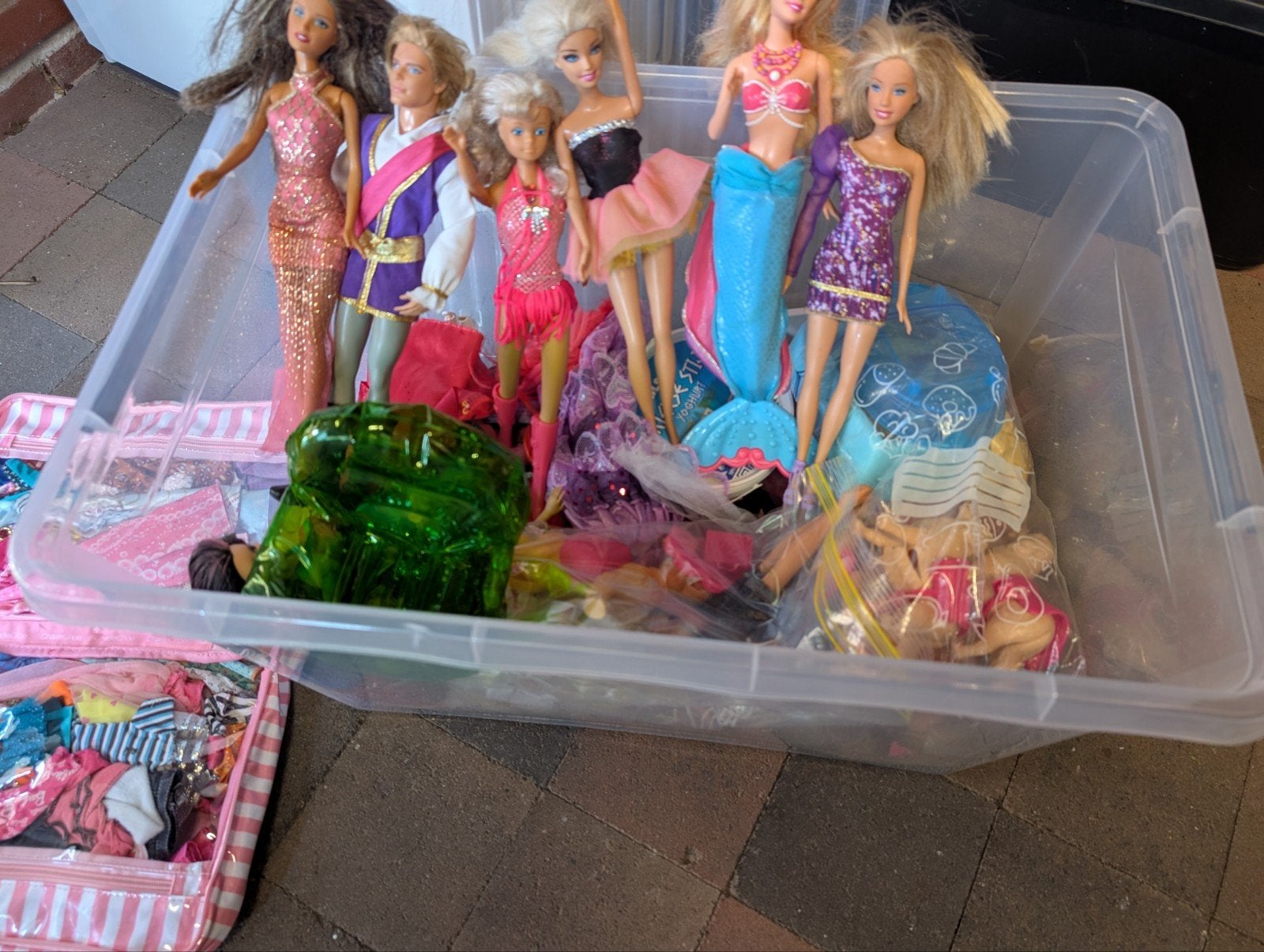 Grote bak met Barbies, Ken, honden, kleding en accessoires, Ophalen