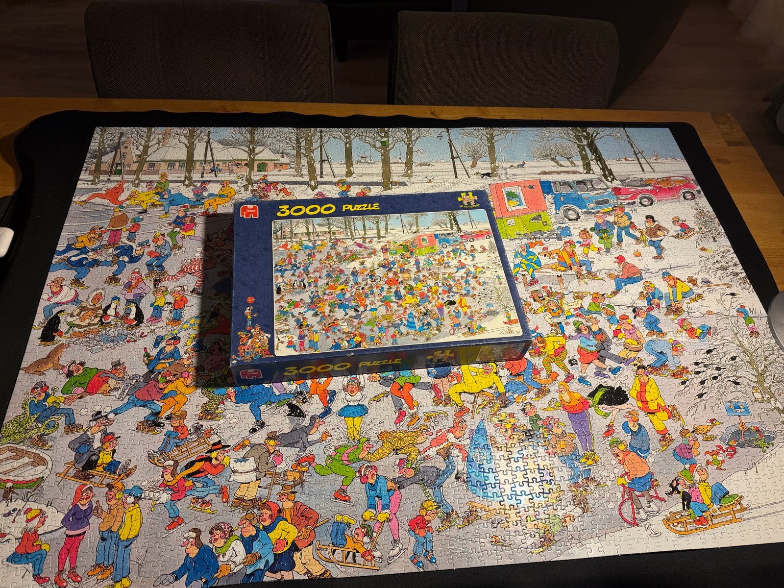Jan van Haasteren puzzel Op glad ijs - 3000 stukjes, Hobby en Vrije tijd, Denksport en Puzzels, Ophalen of Verzenden, Meer dan 1500 stukjes