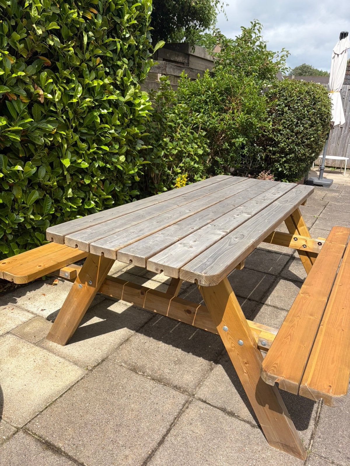 Picknicktafel bankjes inklapbaar., Tuin en Terras, Picknicktafels, Ophalen, Zo goed als nieuw, Inklapbaar, Rechthoekig