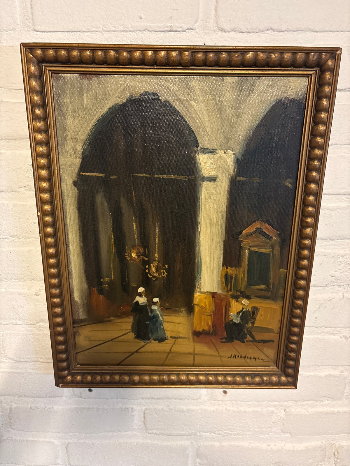 J. Kelderman - Interieur met figuren (35x45cm), Antiek en Kunst, Doek, Realistisch, Ophalen of Verzenden, Gesigneerd