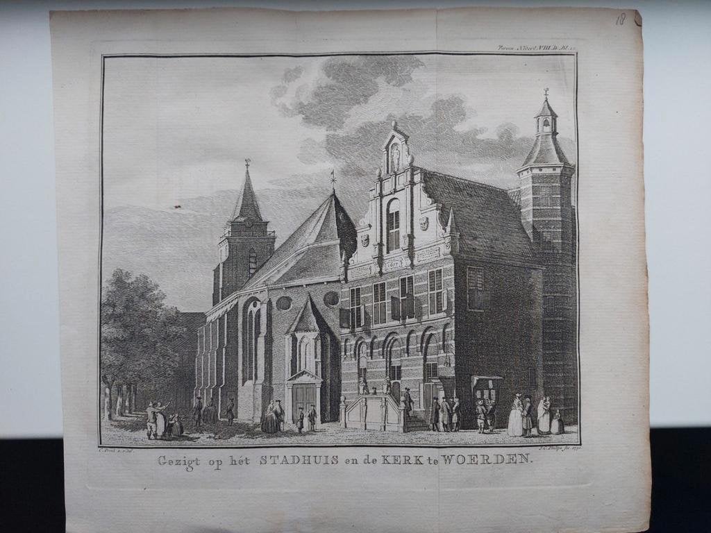 18 / Stadhuis en Kerk te Woerden Gravure uit 1750 J. Philips, Ophalen of Verzenden