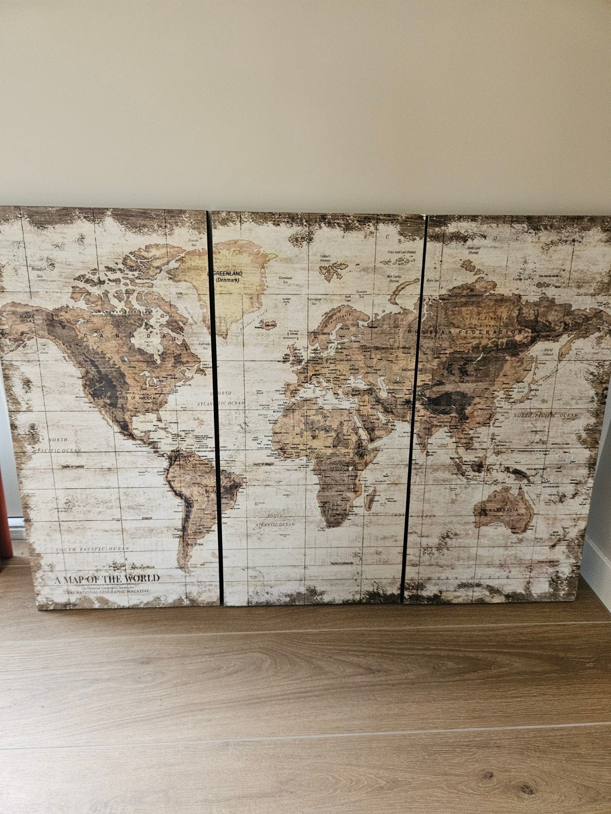 Grote wereldkaart wanddecoratie op hout - 3 panelen, Ophalen, Gebruikt, Hout, Wandbord of Wandpaneel