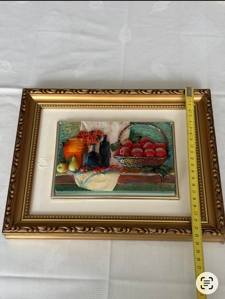 3D stilleven schilderij met fruit en flessen, goudkleurige l, Antiek en Kunst, Ophalen of Verzenden