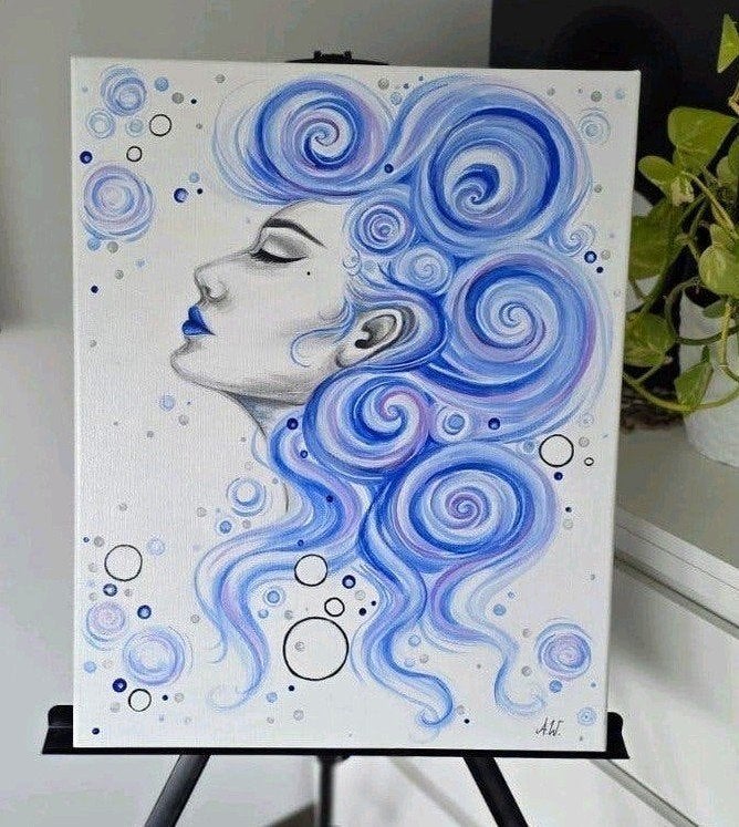 Handgeschilderd schilderij – vrouw in blauw – 40x50 cm, Antiek en Kunst, Kunst | Schilderijen | Modern, Ophalen, Acrylverf, Handgeschilderd