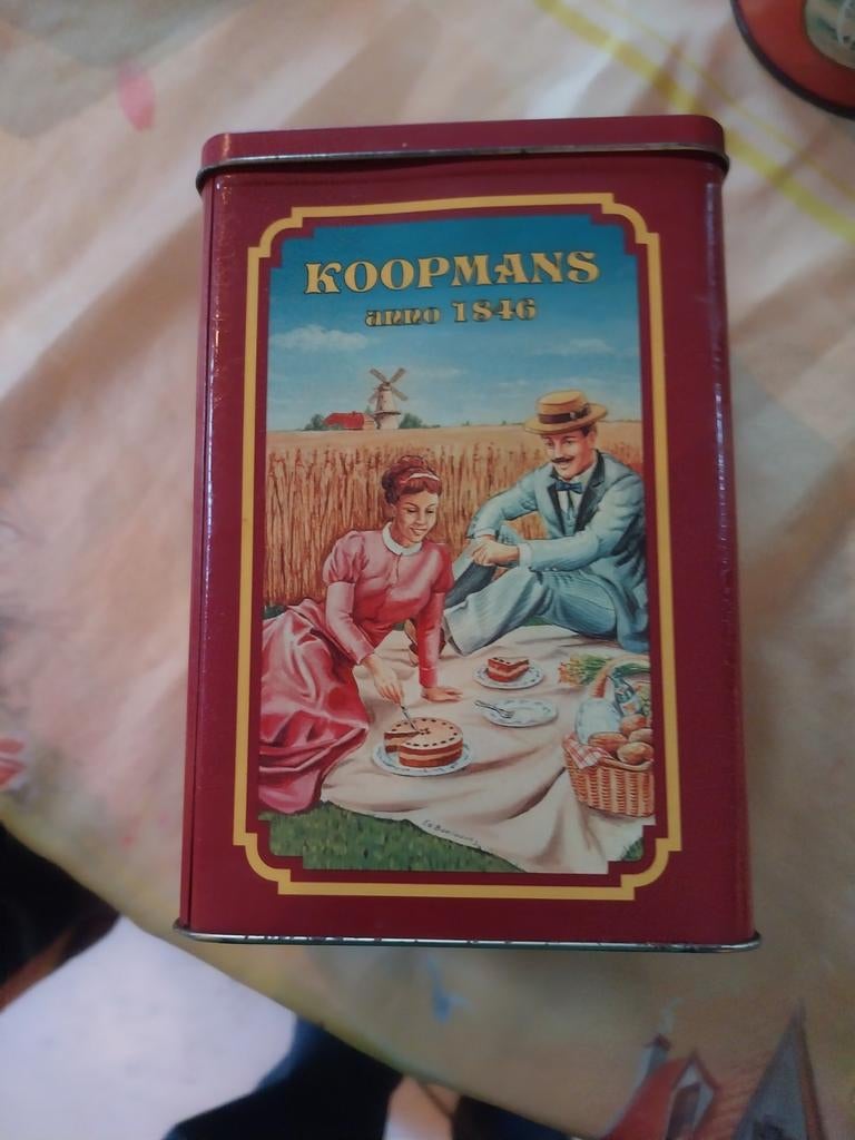 Koopmans blik met picknicktafereel drabbelkoeken bus, etc, Verzamelen, Ophalen of Verzenden