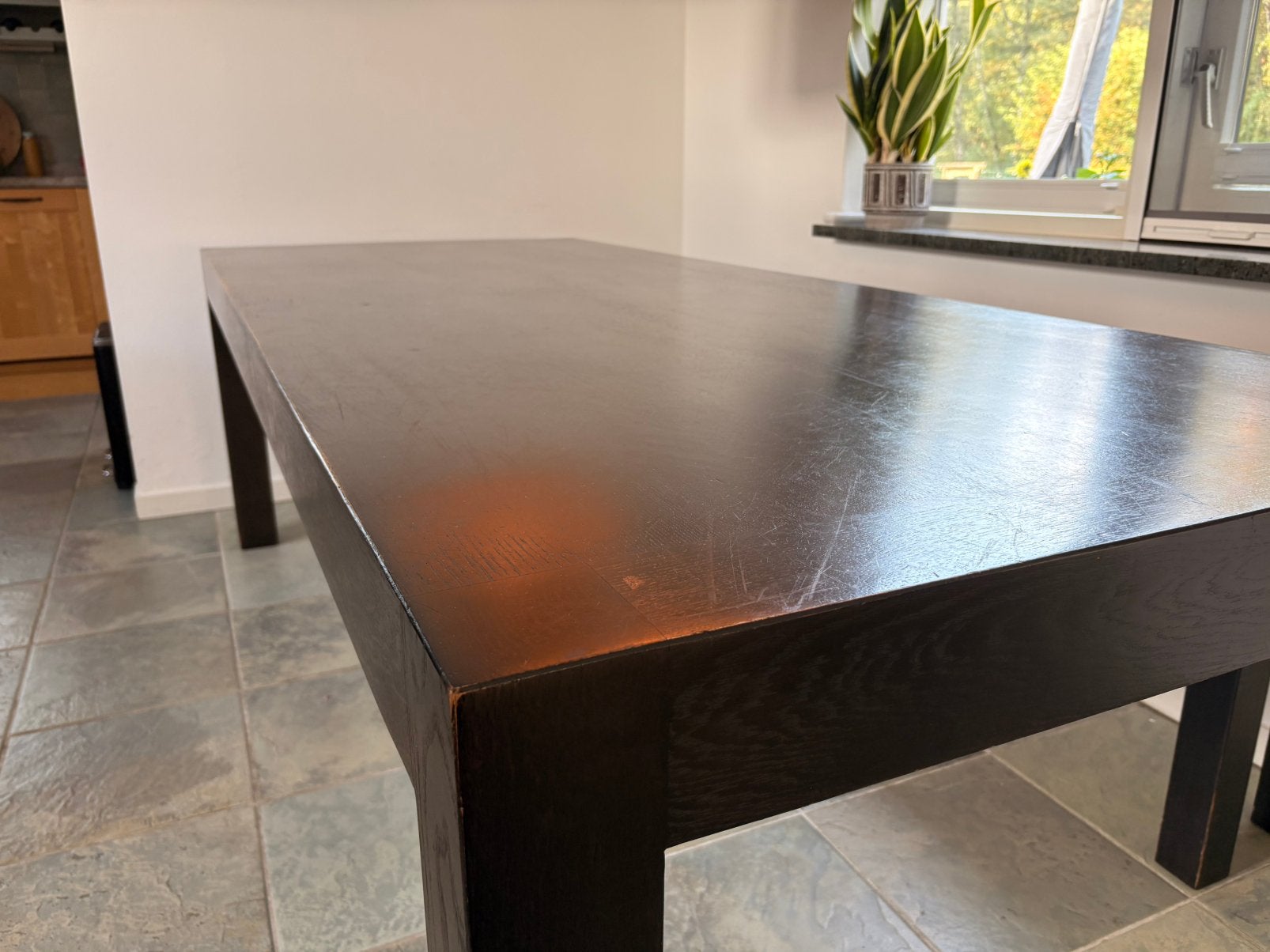 Massief eiken tafel en bankje, Huis en Inrichting, Ophalen, Gebruikt, Eikenhout, 200 cm of meer
