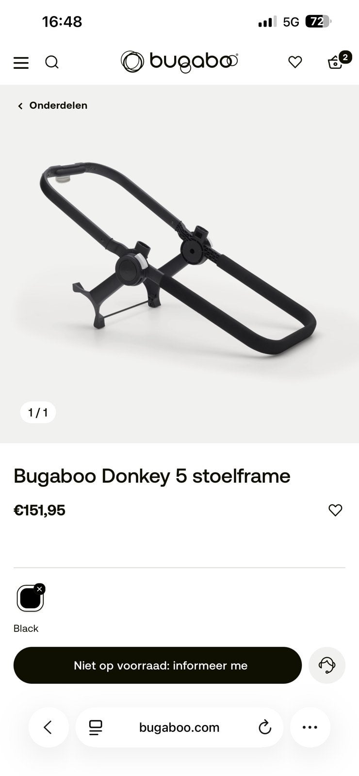 Bugaboo Donkey 5 wieg/zit frame - Splinternieuw, Kinderwagen, Nieuw, Ophalen of Verzenden, Duowagen