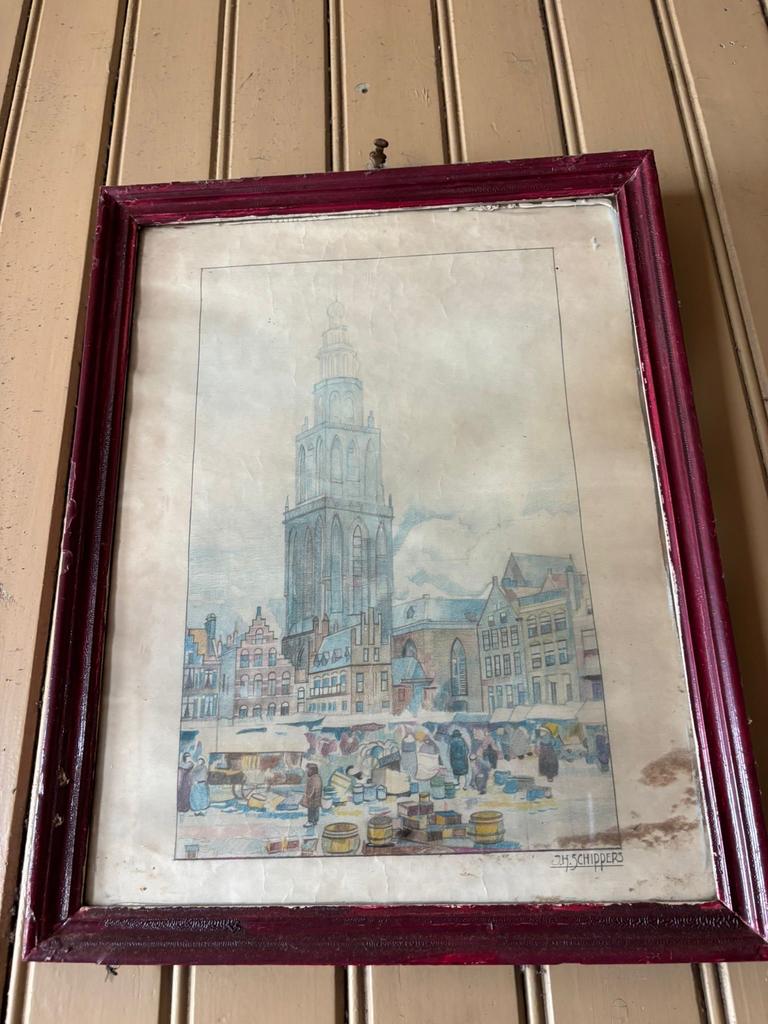 Oud Schilderij van J.H. Schippers - Stadsgezicht met Markt, Ophalen