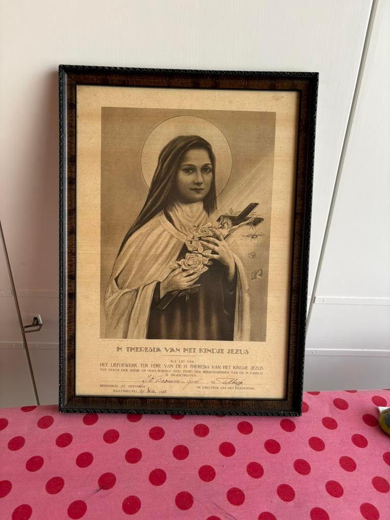 Antiek lijst certificaat heilige theresia 1925 borneo indie, Ophalen of Verzenden