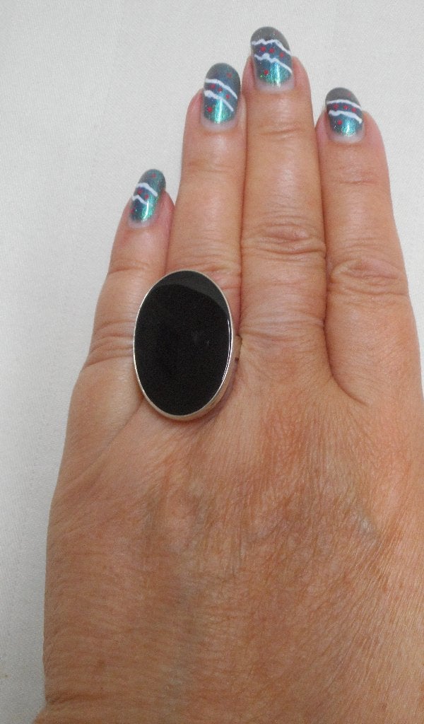 Zilveren verstelbare ring met onyx nr.993, 18 tot 19, Verzenden, Zo goed als nieuw, Dame