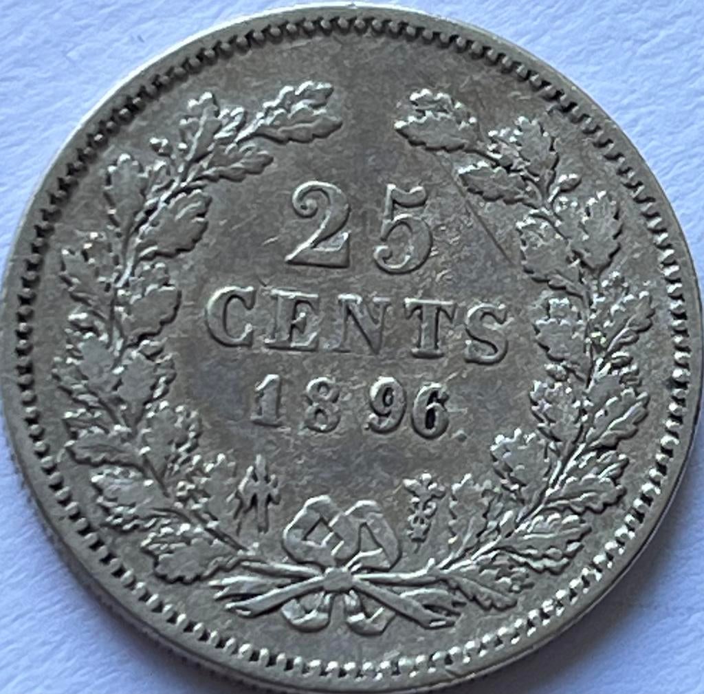 Zilveren kwartje 1896, Zilver, 25 cent, Ophalen of Verzenden, Koningin Wilhelmina