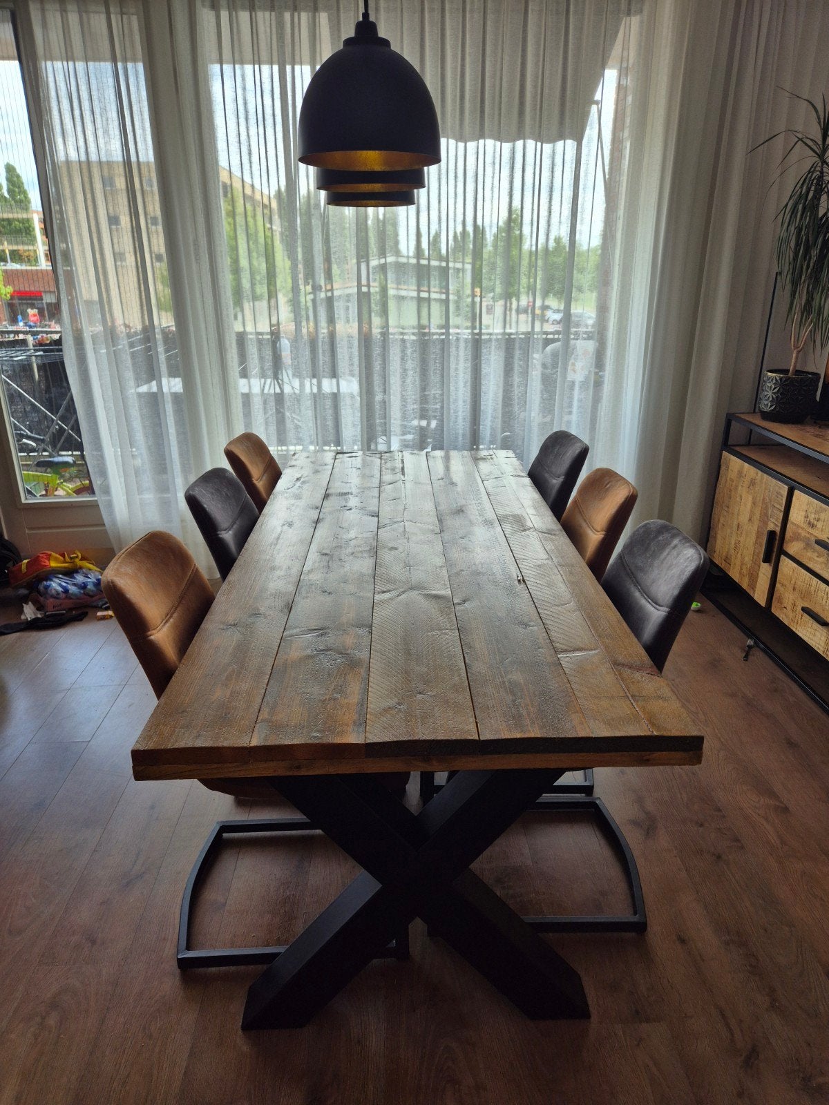Mangohouten eettafel met 6 leren stoelen, Gebruikt, Vijf personen of meer, Rechthoekig, Ophalen