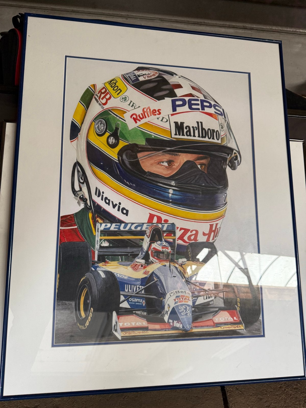 Formule 1 Ayrton Senna Helm en Auto Tekening Ingelijst, Antiek en Kunst, Portret of Personen, Realistisch, Ophalen of Verzenden