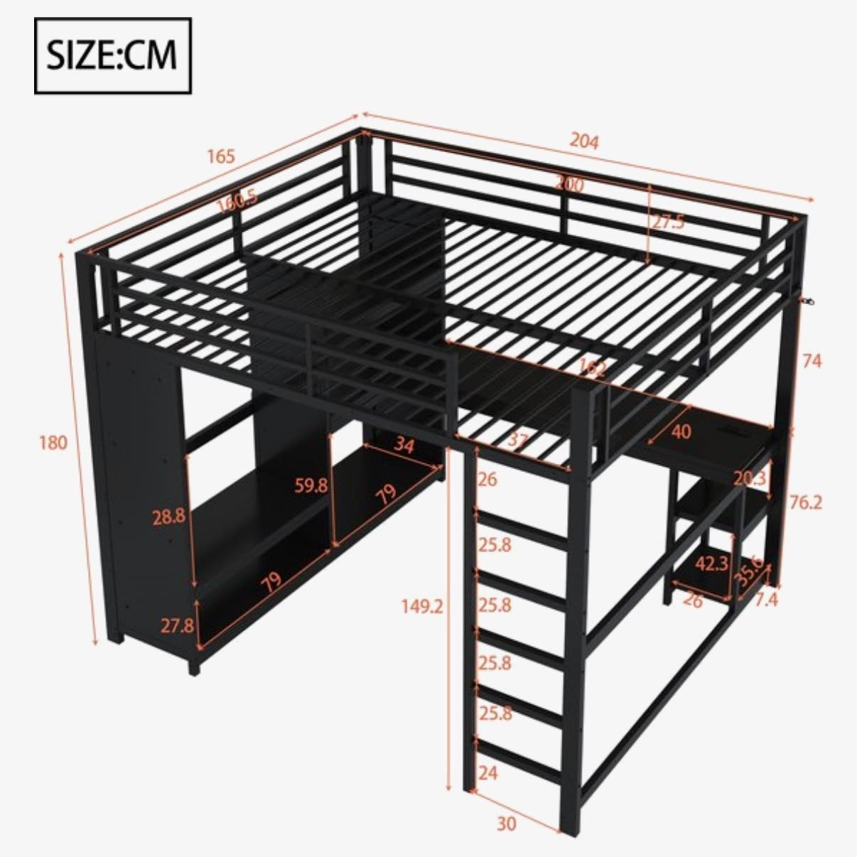 Zwart metalen hoogslaper met bureau en kast nieuw!met matras, Huis en Inrichting, Ophalen, Hoogslaper, Tweepersoons, Zo goed als nieuw