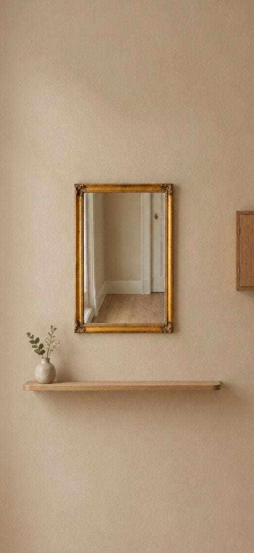 Vergulde wandspiegel – houten lijst, Ophalen of Verzenden, Rechthoekig, Minder dan 50 cm, Minder dan 100 cm