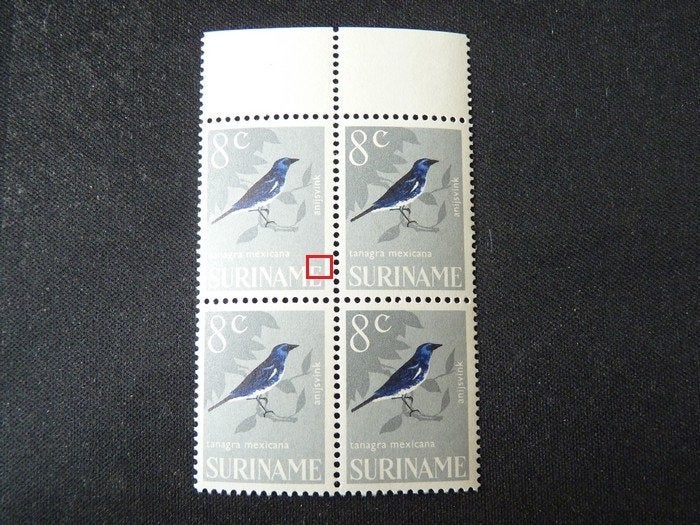 plaatfout suriname 445 , postfris blokje van 4., Ophalen of Verzenden, Postfris