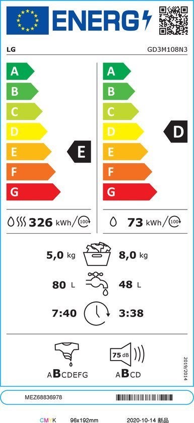 LG was-droogcombinatie GD3M108N3 - 8/5 kg - Wit, 1200 tot 1600 toeren, Handwasprogramma, 8 tot 10 kg, Nieuw