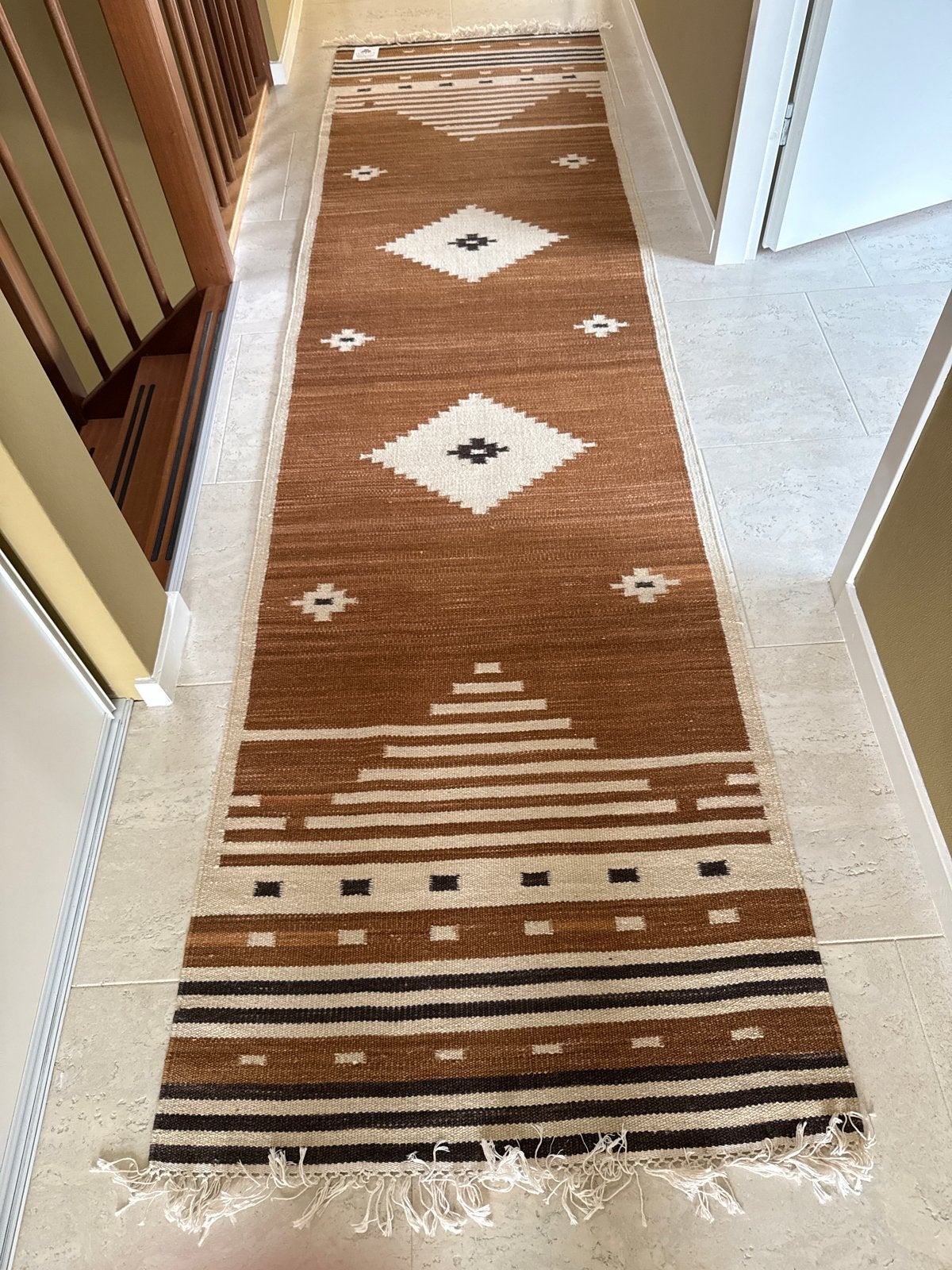 Rug Vista Kelim Loper - 300 x 80 cm - Bruin/ okergeel, Huis en Inrichting, Bruin, 200 cm of meer, Zo goed als nieuw, Rechthoekig