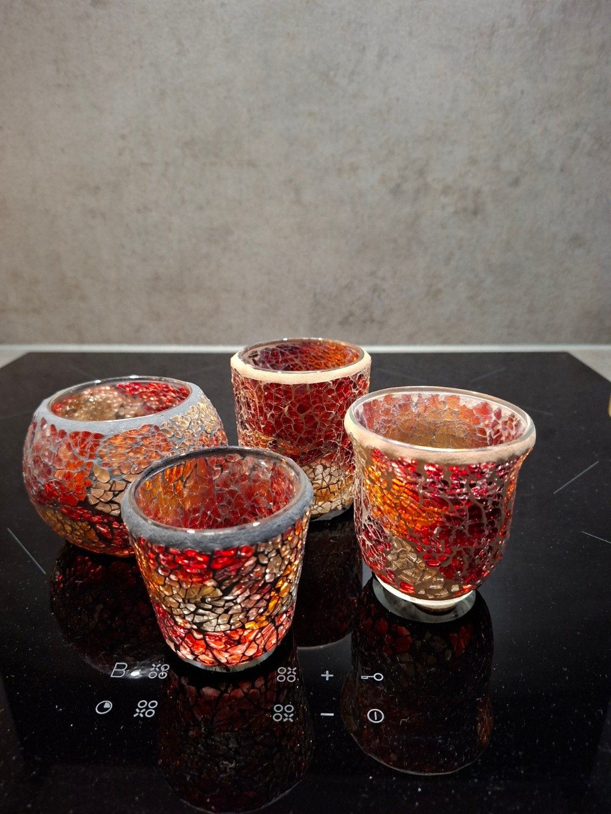 Set van 4 mozaïek waxinelichthouders, rood/oranje/goud, Huis en Inrichting, Ophalen, Gebruikt, Meerkleurig, Waxinelichthouder