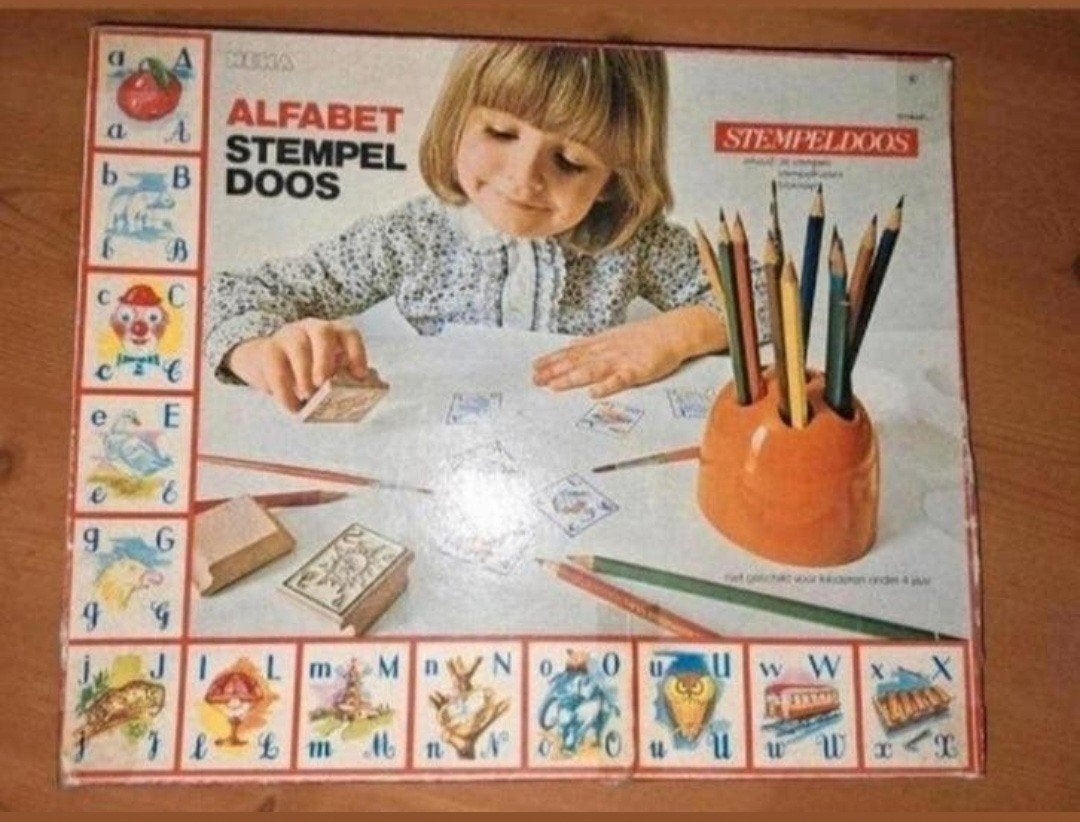 Vintage HEMA Alfabet Stempeldoos - Educatief Speelgoed, Ophalen of Verzenden, Gebruikt, Taal en Lezen
