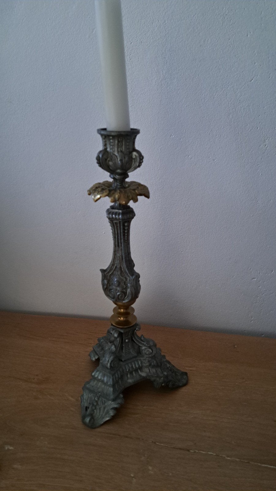 Antieke kandelaar, tin en koper., Antiek en Kunst, Ophalen, Koper of Brons