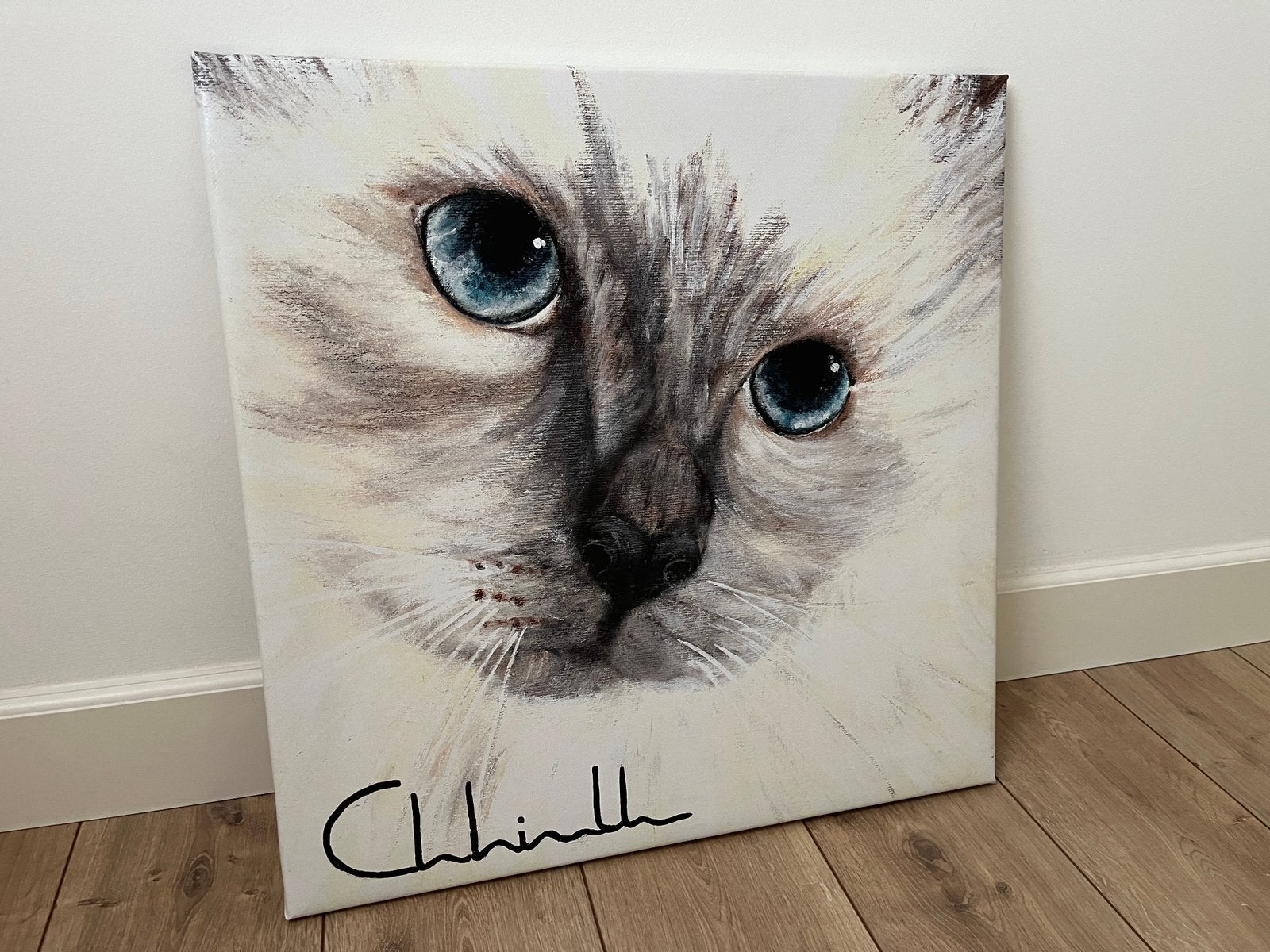 Schilderij poes ragdoll canvas 59x59 cm zgan, Ophalen of Verzenden, Zo goed als nieuw, Schilderij