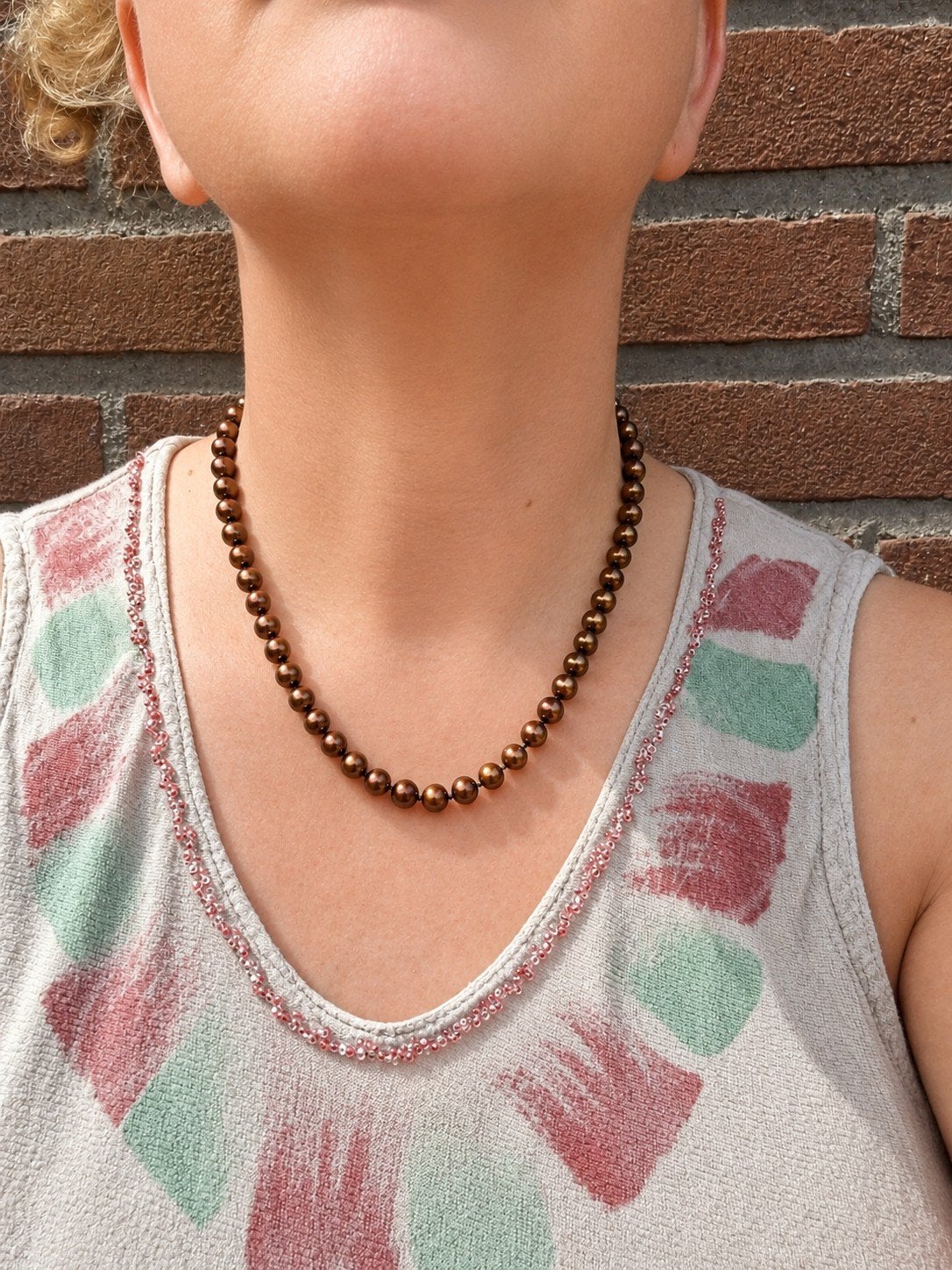 Zoetwater Parels Ketting met Hartjes Hanger, Bruin, Nieuw, Ophalen of Verzenden, Overige materialen