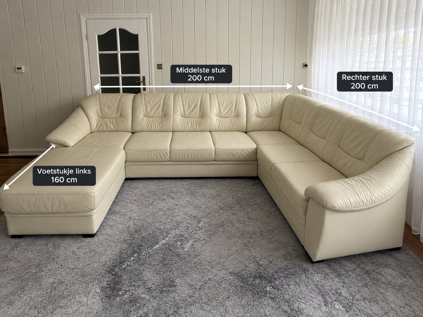 Leren Hoekbank - Crèmekleurig en Comfortabel, Ophalen, Gebruikt, 150 tot 200 cm, Hoekbank