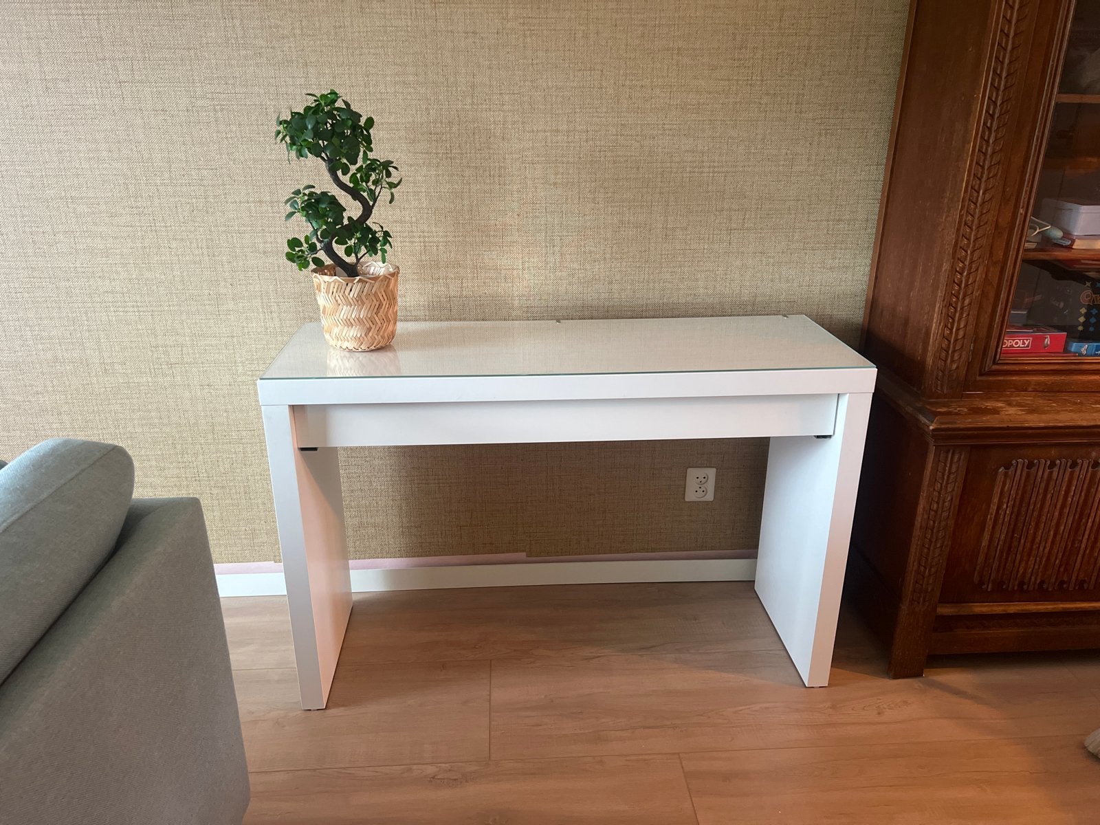 Witte console tafel met glazen blad, Ophalen, Gebruikt, 75 cm of meer, 60 cm of meer
