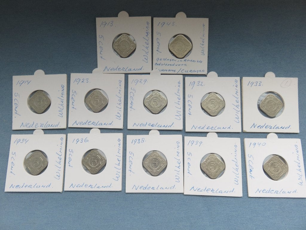 Collectie vierkante stuivers op jaartal – 1913 tot 1943, Ophalen of Verzenden, Koningin Wilhelmina, 5 cent, Setje